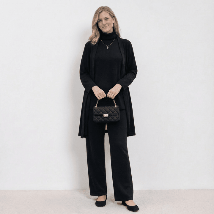 Conjunto Barbara de Cardigã, Blusa de Tricô e Calças | Conjunto Refinado de Tricô em Três Peças