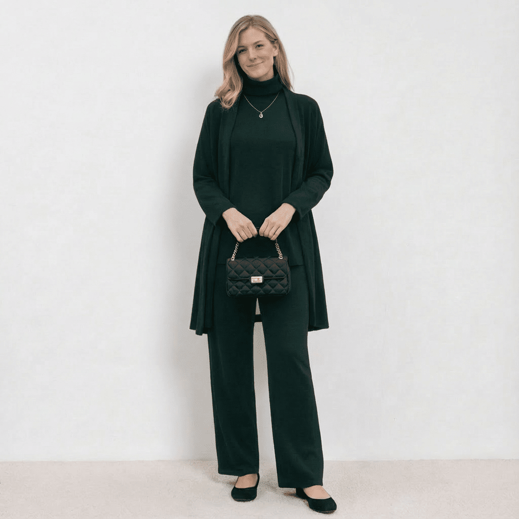 Conjunto Barbara de Cardigã, Blusa de Tricô e Calças | Conjunto Refinado de Tricô em Três Peças