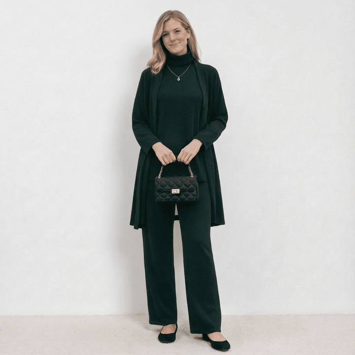 Conjunto Barbara de Cardigã, Blusa de Tricô e Calças | Conjunto Refinado de Tricô em Três Peças