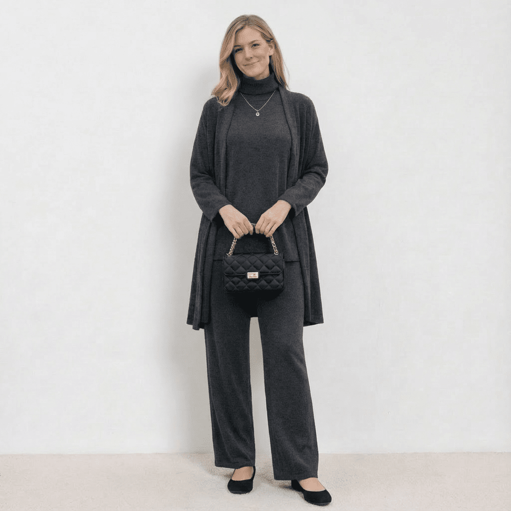 Conjunto Barbara de Cardigã, Blusa de Tricô e Calças | Conjunto Refinado de Tricô em Três Peças