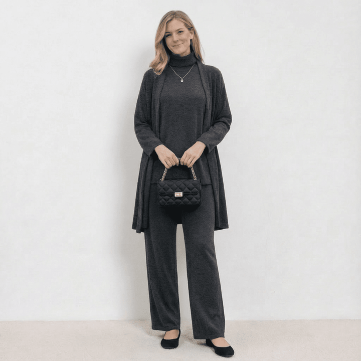 Conjunto Barbara de Cardigã, Blusa de Tricô e Calças | Conjunto Refinado de Tricô em Três Peças