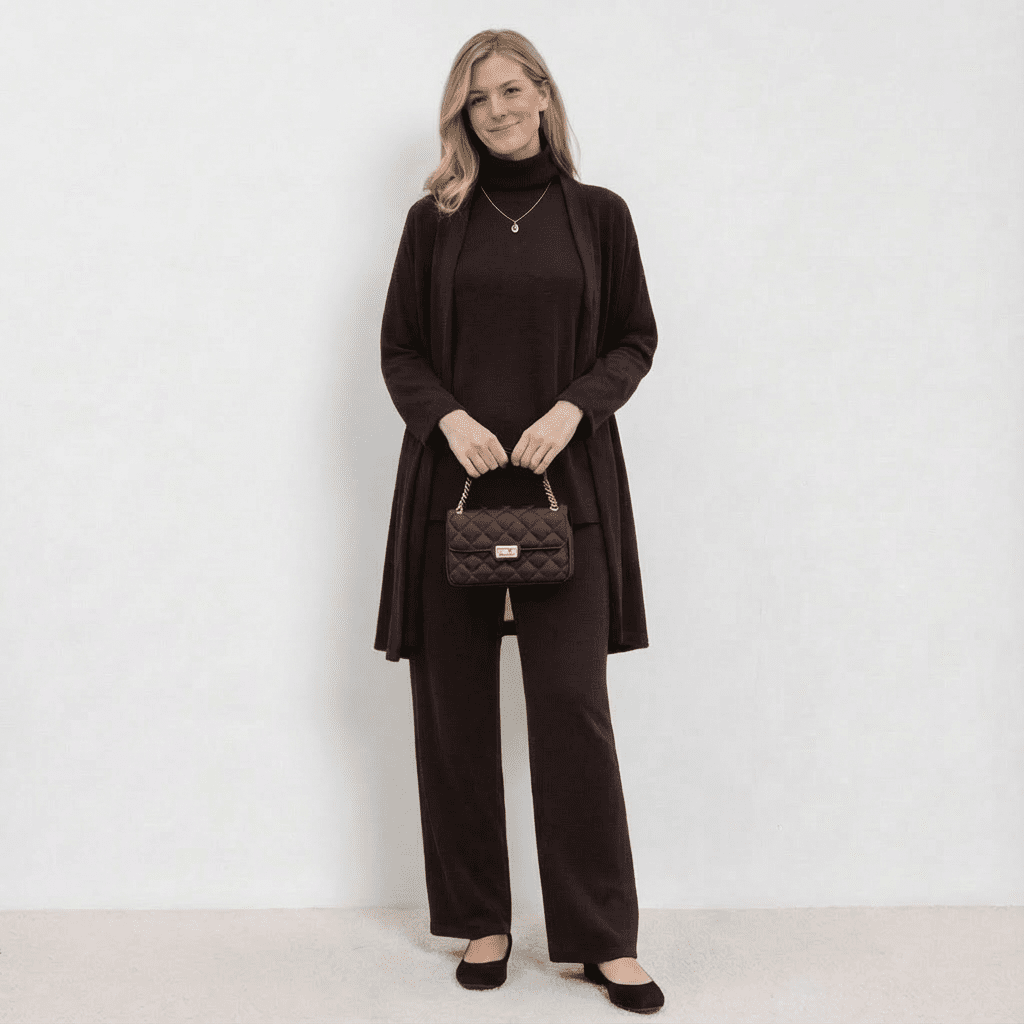 Conjunto Barbara de Cardigã, Blusa de Tricô e Calças | Conjunto Refinado de Tricô em Três Peças