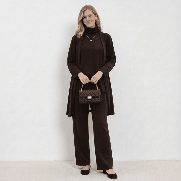 Conjunto Barbara de Cardigã, Blusa de Tricô e Calças | Conjunto Refinado de Tricô em Três Peças