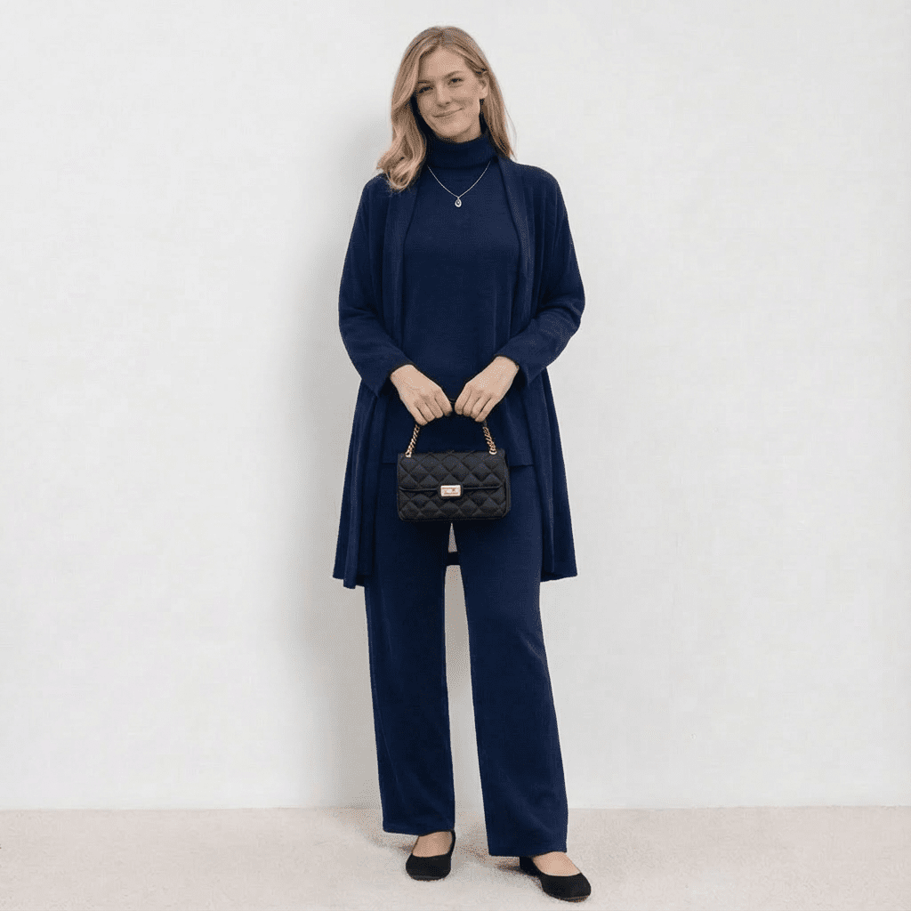 Conjunto Barbara de Cardigã, Blusa de Tricô e Calças | Conjunto Refinado de Tricô em Três Peças