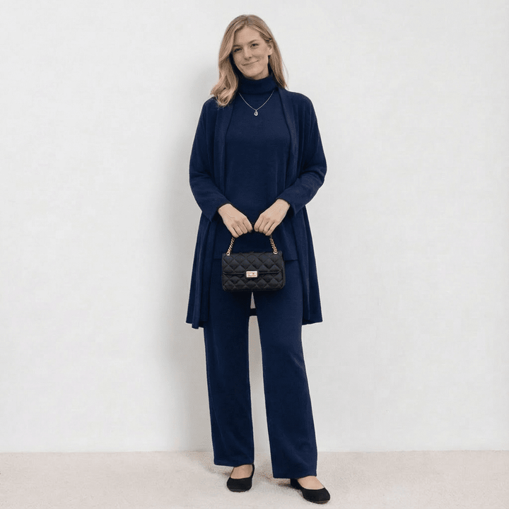 Conjunto Barbara de Cardigã, Blusa de Tricô e Calças | Conjunto Refinado de Tricô em Três Peças
