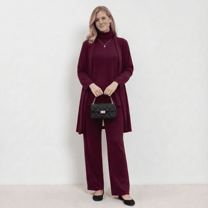 Conjunto Barbara de Cardigã, Blusa de Tricô e Calças | Conjunto Refinado de Tricô em Três Peças
