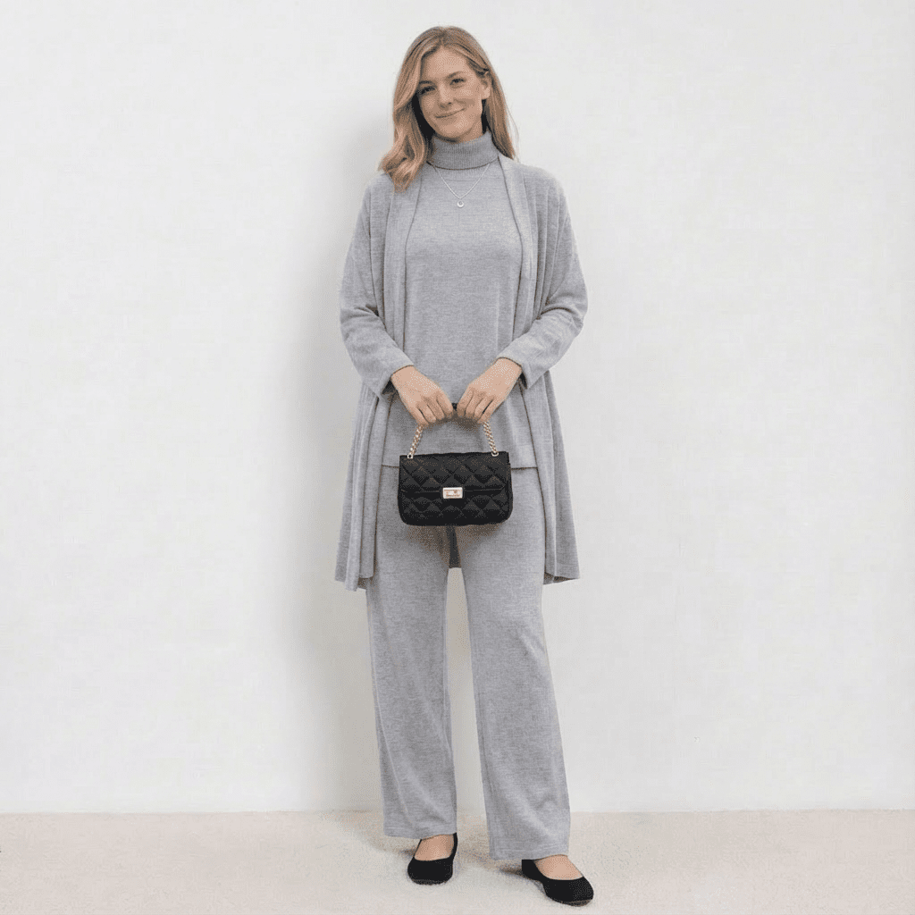 Conjunto Barbara de Cardigã, Blusa de Tricô e Calças | Conjunto Refinado de Tricô em Três Peças