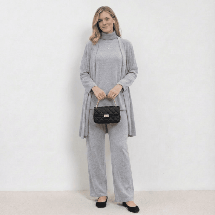 Conjunto Barbara de Cardigã, Blusa de Tricô e Calças | Conjunto Refinado de Tricô em Três Peças