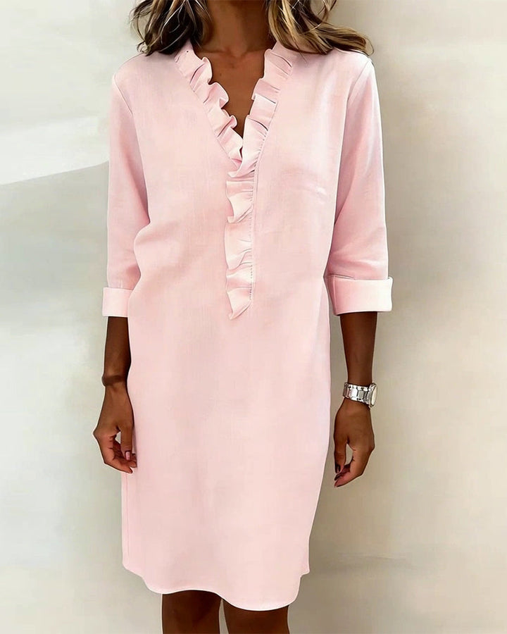 Vestido de Cor Sólida com Decote em V e Babados