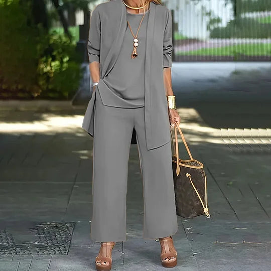 Conjunto Casual Elegante Laney de Três Peças | Blusa Coordenada, Cardigã e Calças de Perna Larga