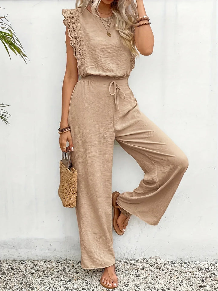 Conjunto Elegante Zella de Duas Peças | Blusa com Renda e Calça Pantalona