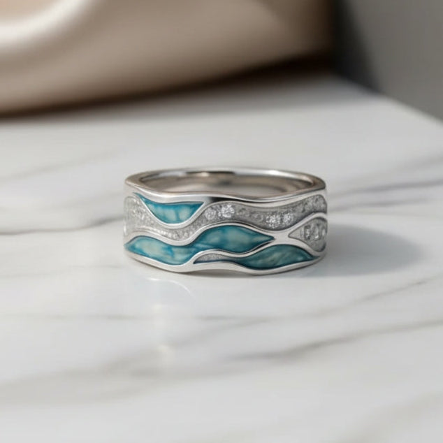 Emma | Ladies Silver Gold Turquoise Waves Ring
