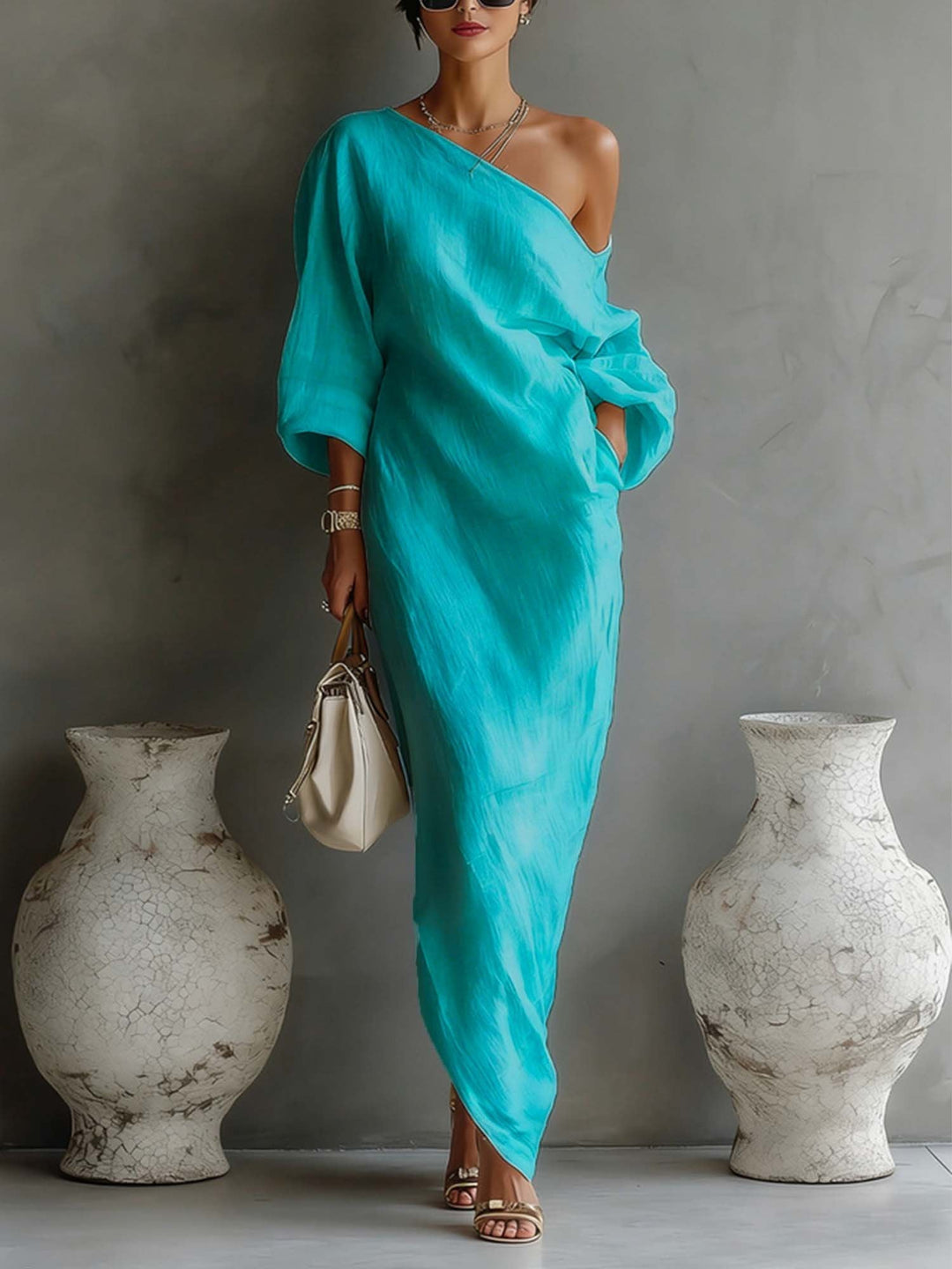LINEN BALLOON SLEEVE MAXI DRESS