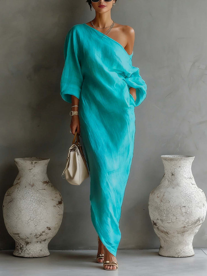 LINEN BALLOON SLEEVE MAXI DRESS