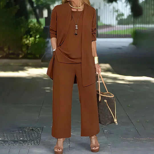 Conjunto Casual Elegante Laney de Três Peças | Blusa Coordenada, Cardigã e Calças de Perna Larga
