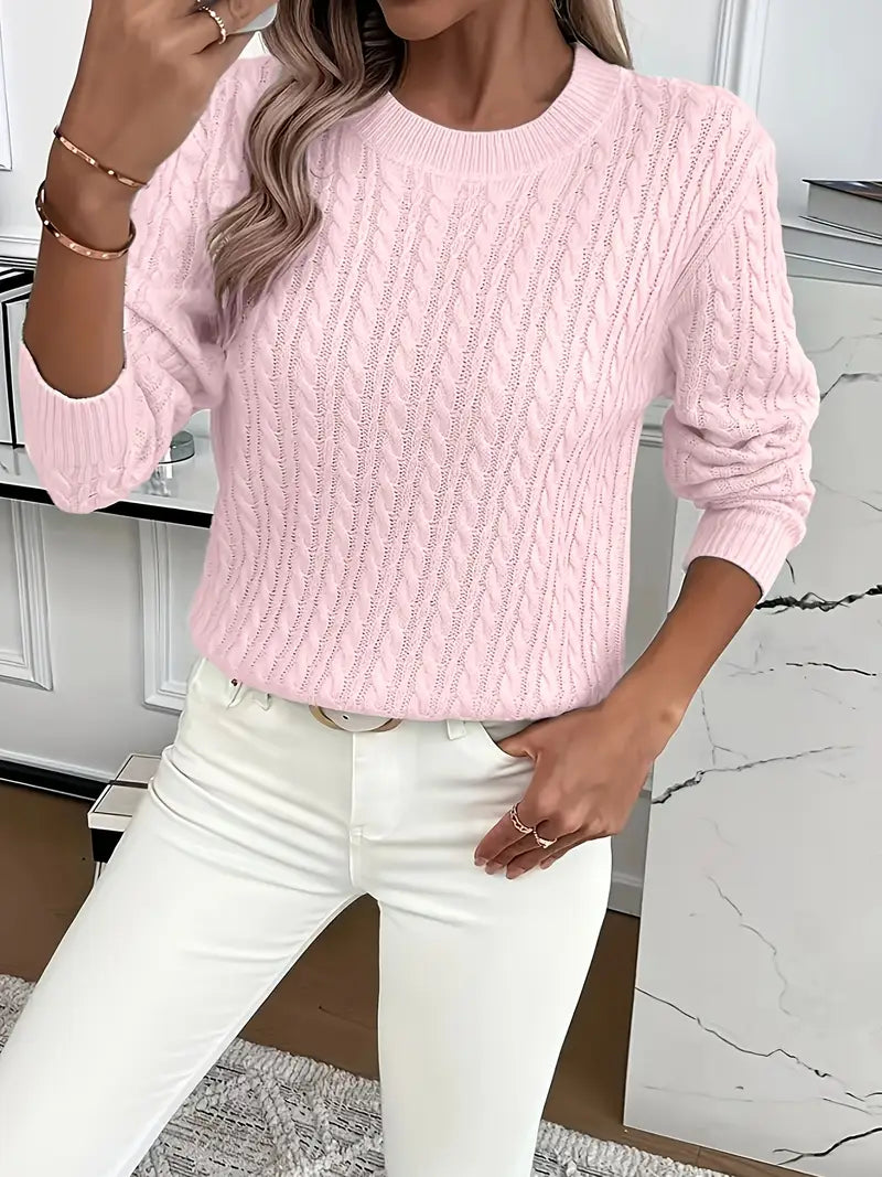 Evelyn | Women's Pink Cable Knit Sweater, Relaxed Fit Soft Warm Pullover