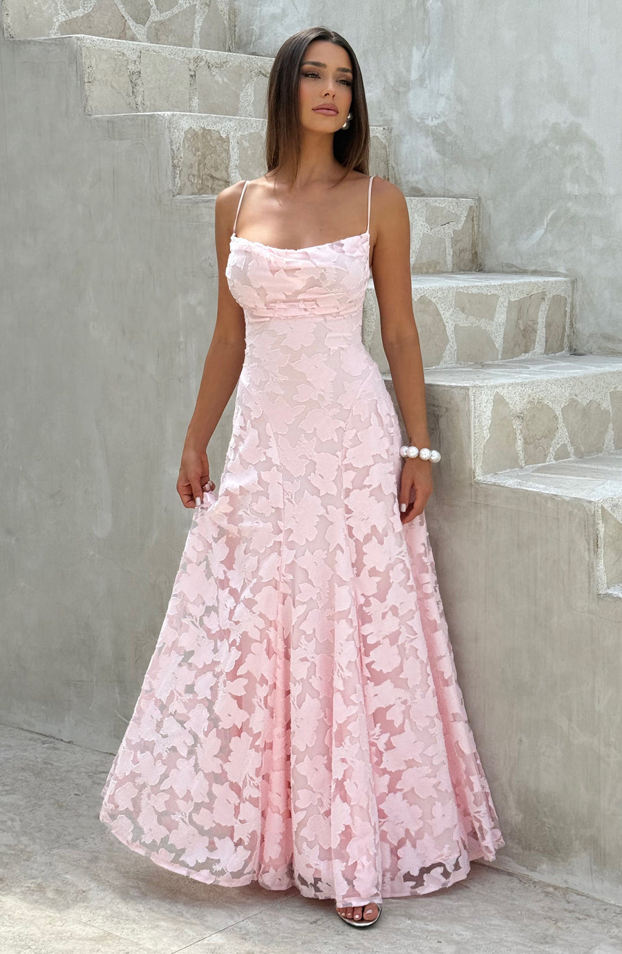 Valeria | Women's Cowl Neck Maxi Dress, Floral Burnout Evening Gown with Lace-Up Back