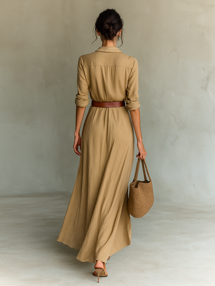 Vestido Maxi com Lapela, Abotoamento Simples, Manga Longa e Cinto