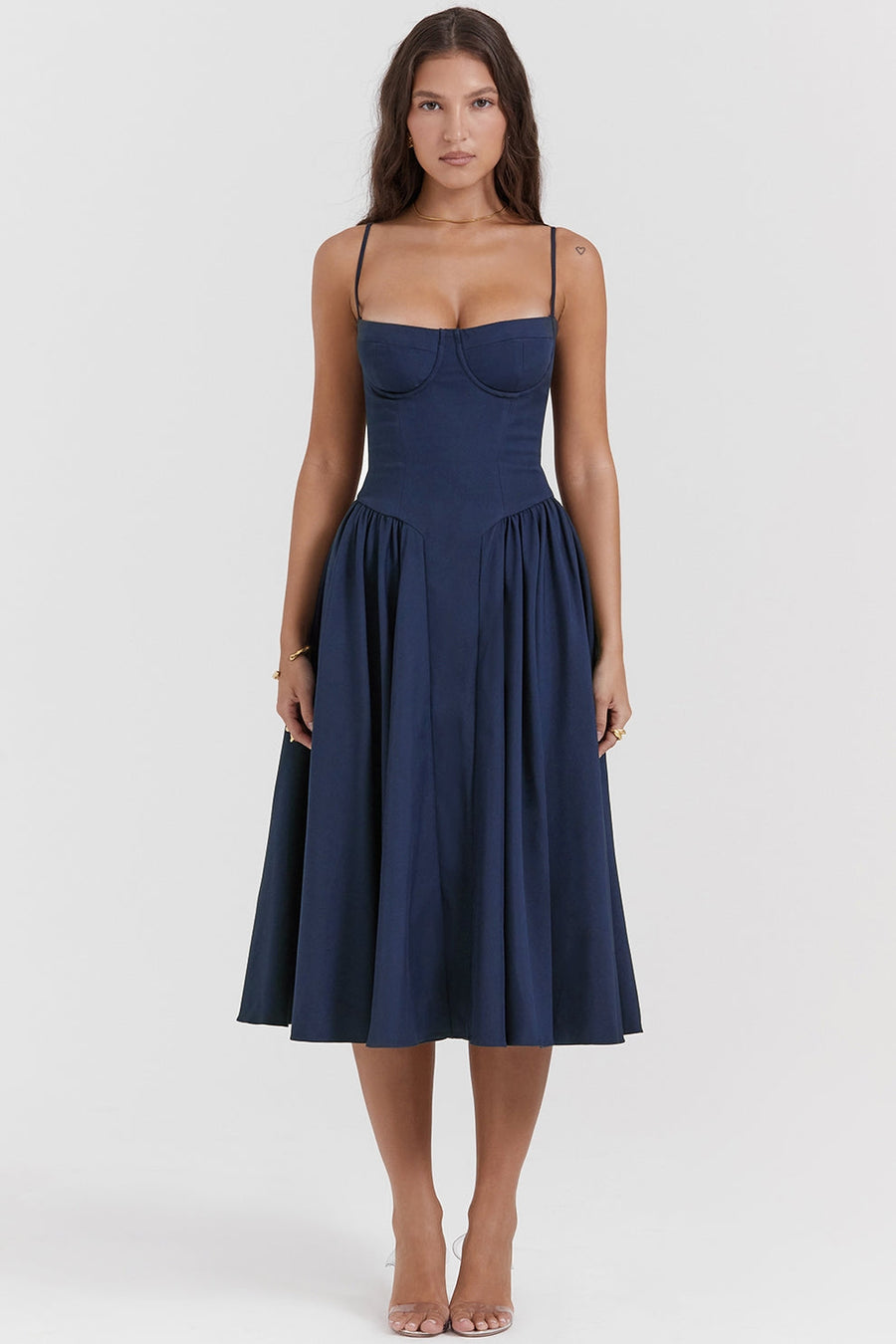 MISA | Women's Sleeveless Midi Dress, Fitted Bodice Flared Formal Dress