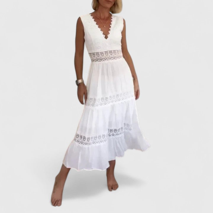 Alena | Women's V-Neck Tiered Midi Dress, Crochet Lace Detail Occasion Dress