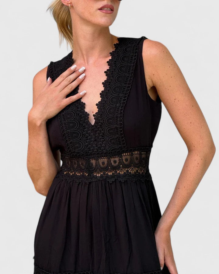 Alena | Women's V-Neck Tiered Midi Dress, Crochet Lace Detail Occasion Dress