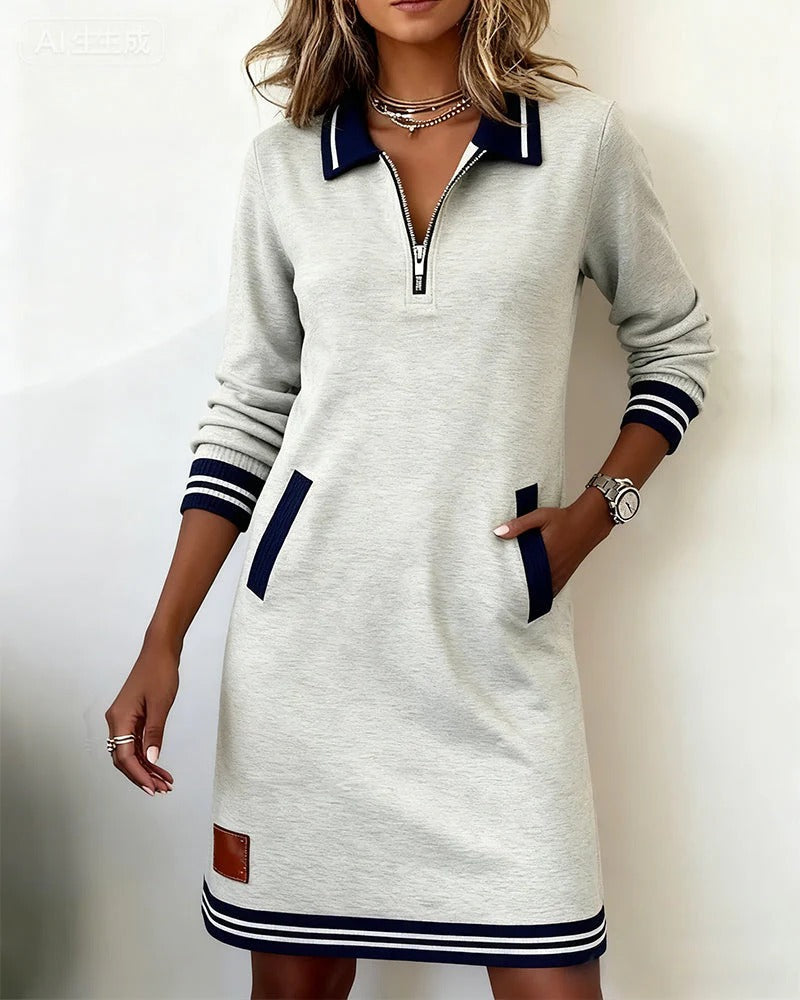 Women's Long Sleeve Cotton Blend Dress, Zip-Front Winter Dress with Pockets