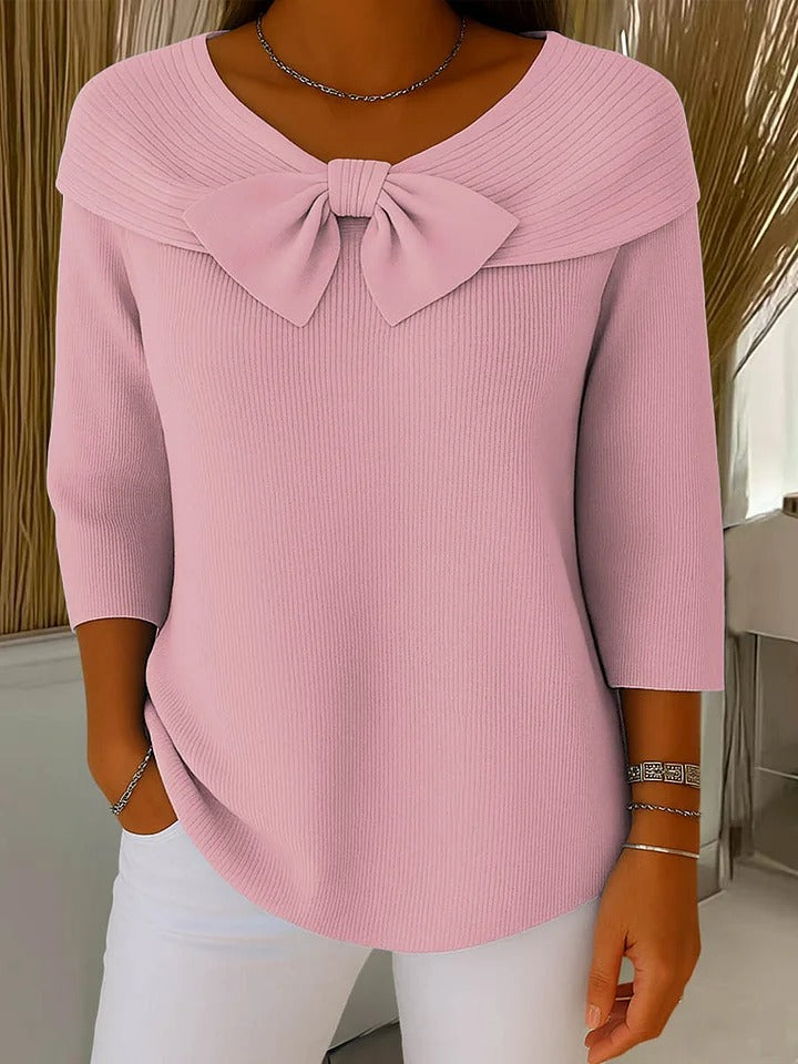 Elodie | Women's Pink Off-Shoulder Bow Sweater, Three-Quarter Sleeve Sweater