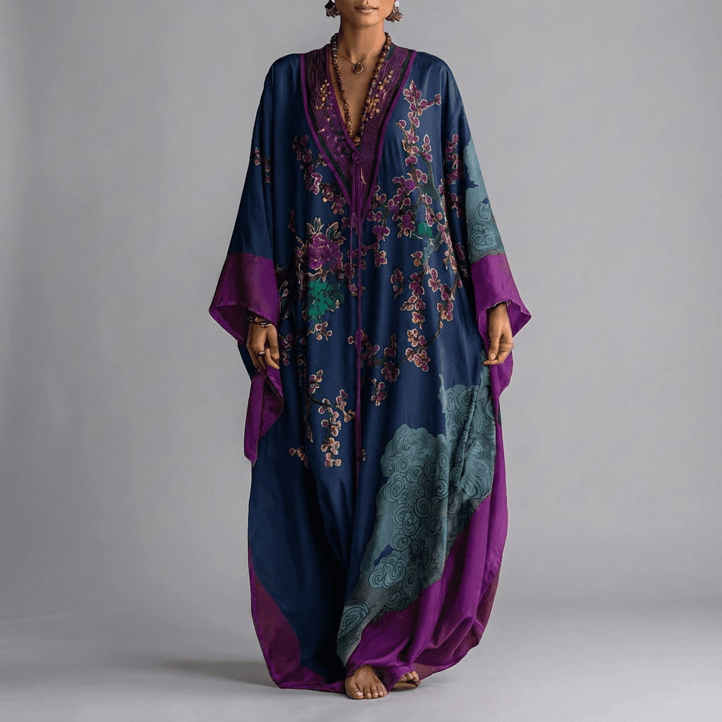 Vestido Maxi com Estampa de Flor de Ameixa Japonesa e Mangas Morcego