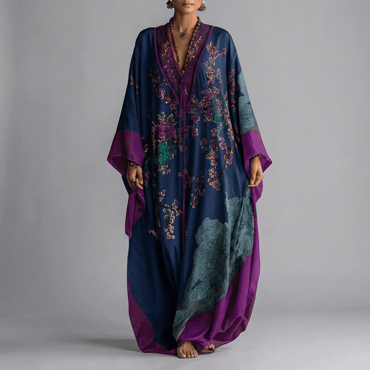 Vestido Maxi com Estampa de Flor de Ameixa Japonesa e Mangas Morcego
