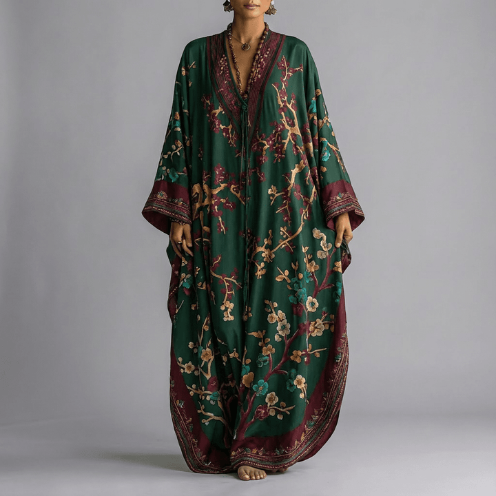 Vestido Maxi com Estampa de Flor de Ameixa Japonesa e Mangas Morcego