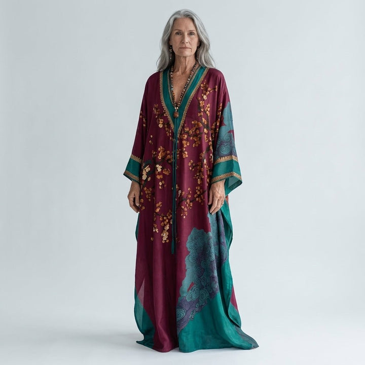 Vestido Maxi com Estampa de Flor de Ameixa Japonesa e Mangas Morcego