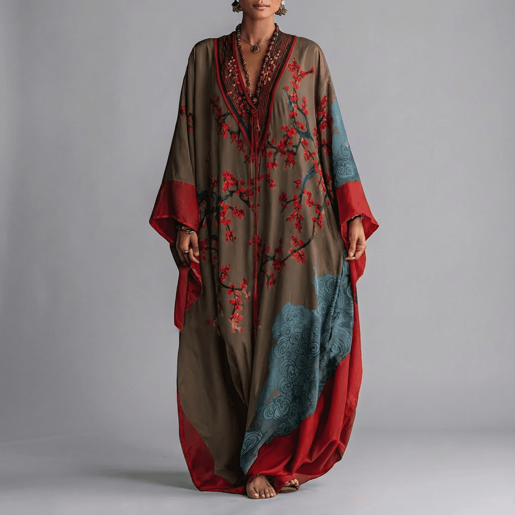 Vestido Maxi com Estampa de Flor de Ameixa Japonesa e Mangas Morcego