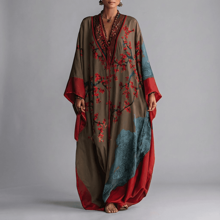 Vestido Maxi com Estampa de Flor de Ameixa Japonesa e Mangas Morcego