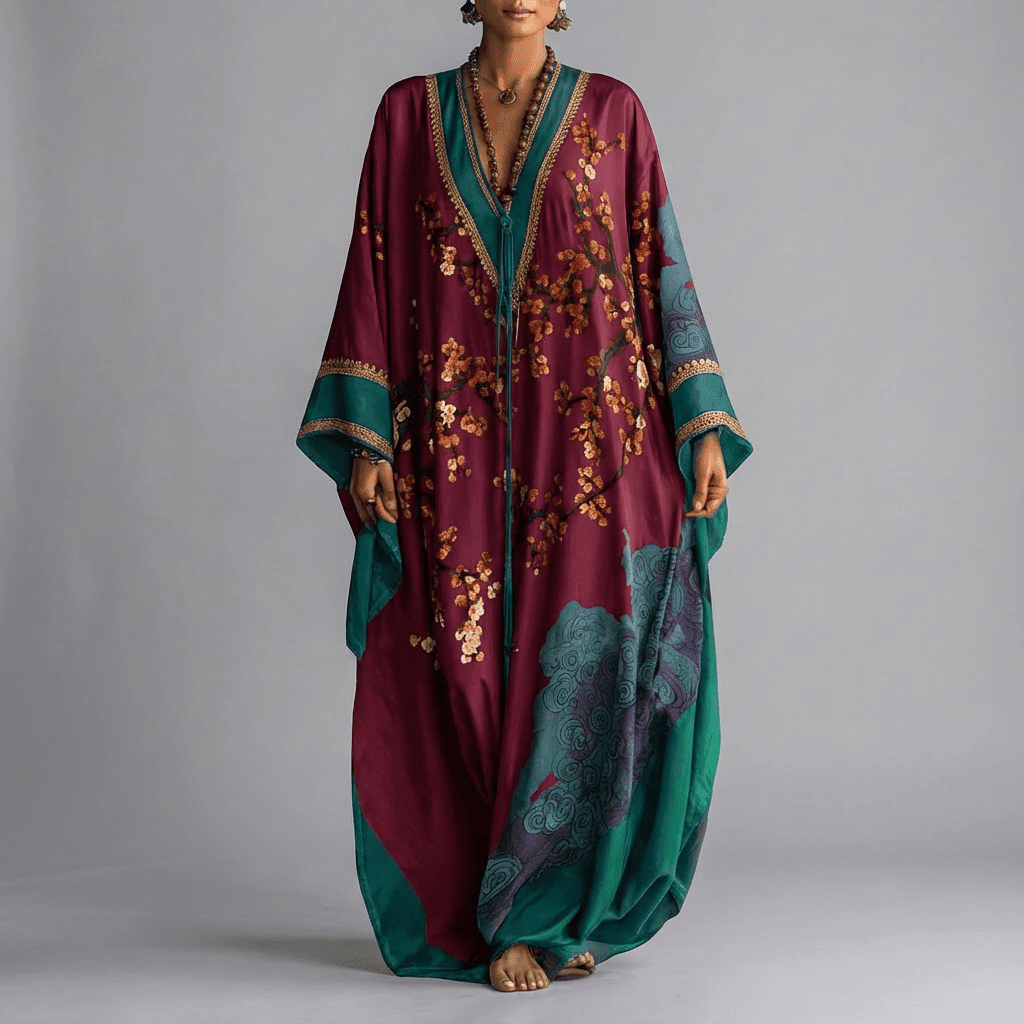 Vestido Maxi com Estampa de Flor de Ameixa Japonesa e Mangas Morcego