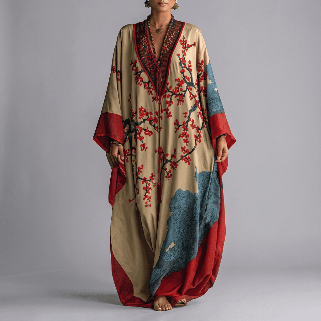 Vestido Maxi com Estampa de Flor de Ameixa Japonesa e Mangas Morcego