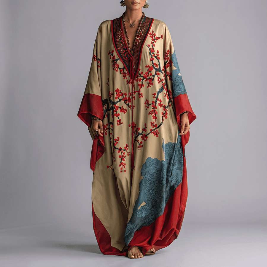 Women's Plum Blossom Print Maxi Dress, Batwing Sleeve Flowy Vacation Dress