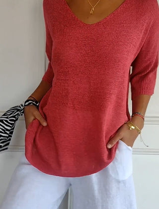 Rosal | Women's V-Neck Knit Sweater, Lightweight Solid Stretch Top for All Seasons