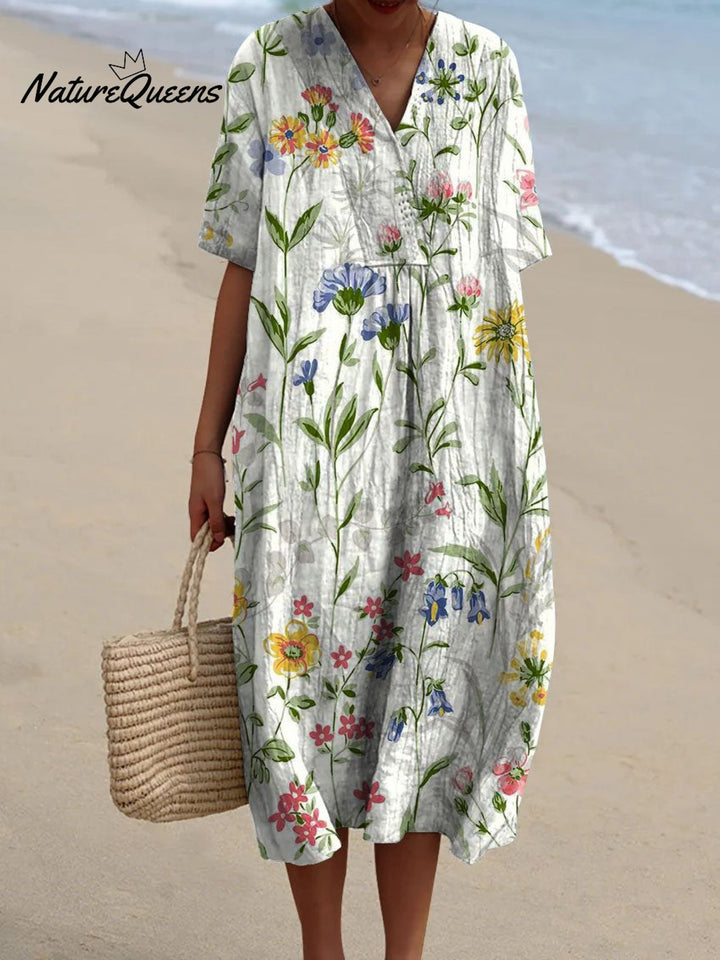 Vestido Casual Fluido Floral Vintage Feminino