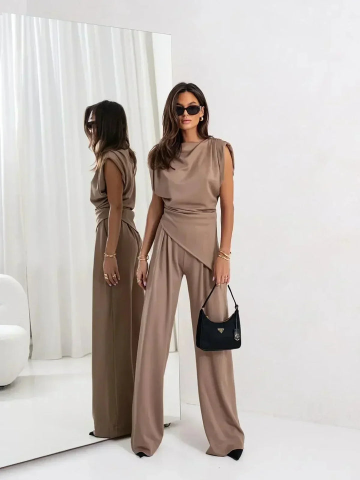 Conjunto Elegante Diann de Duas Peças | Blusa Drapeada e Calça Pantalona