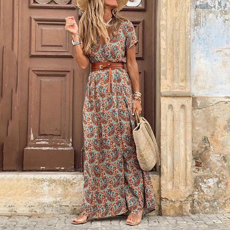 Vestido maxi no estilo Boho com estampa paisley e cinto