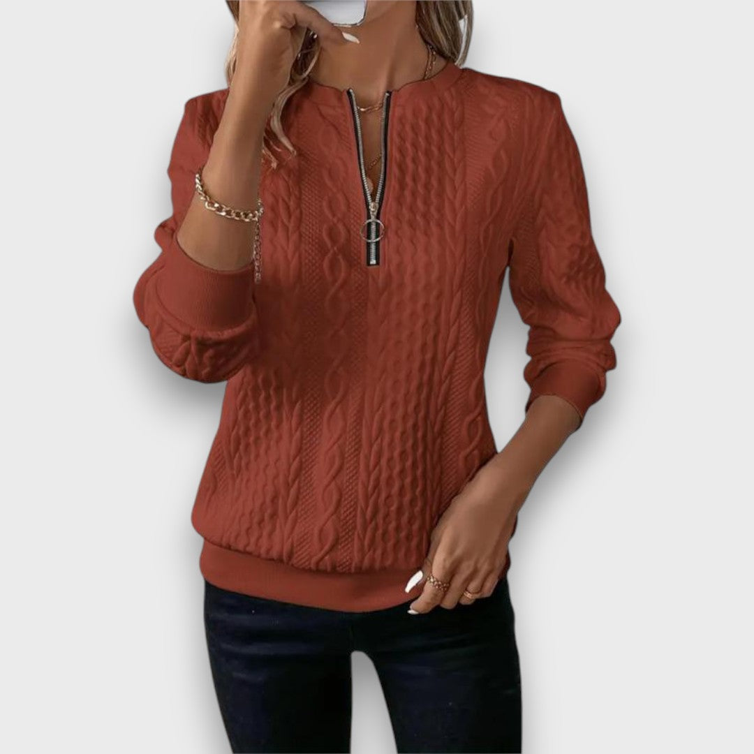 Carrie | Suéter com Zíper Frontal e Tricô Aran