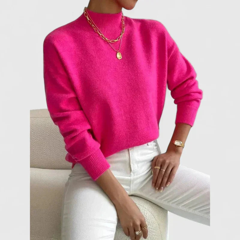 Isla | Women's Pink High Neck Knit Sweater, Soft Cozy Minimalist Sweater