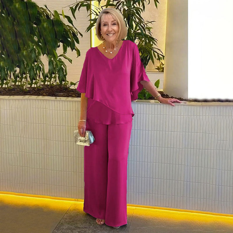 Conjunto Elegante Sarina de Duas Peças | Blusa com Decote V e Calças Confortáveis