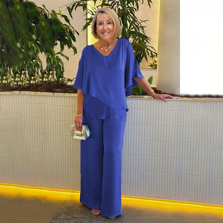 Conjunto Elegante Sarina de Duas Peças | Blusa com Decote V e Calças Confortáveis