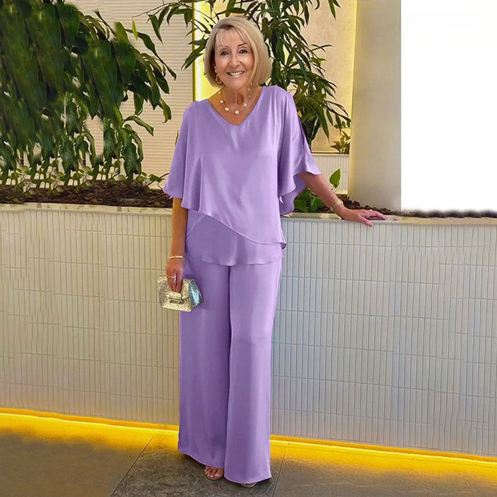 Conjunto Elegante Sarina de Duas Peças | Blusa com Decote V e Calças Confortáveis