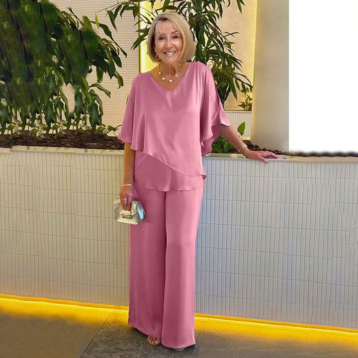 Conjunto Elegante Sarina de Duas Peças | Blusa com Decote V e Calças Confortáveis