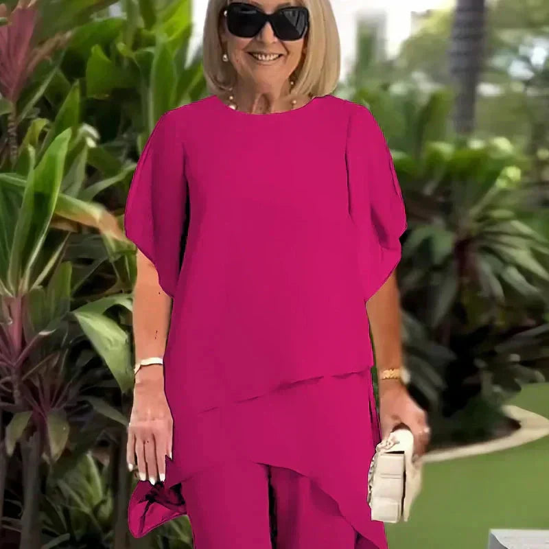 Conjunto Elegante Herlene de Duas Peças | Blusa em Camadas e Calça Pantalona