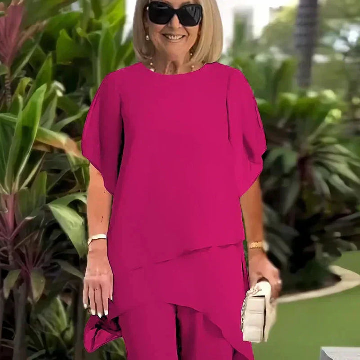 Conjunto Elegante Herlene de Duas Peças | Blusa em Camadas e Calça Pantalona