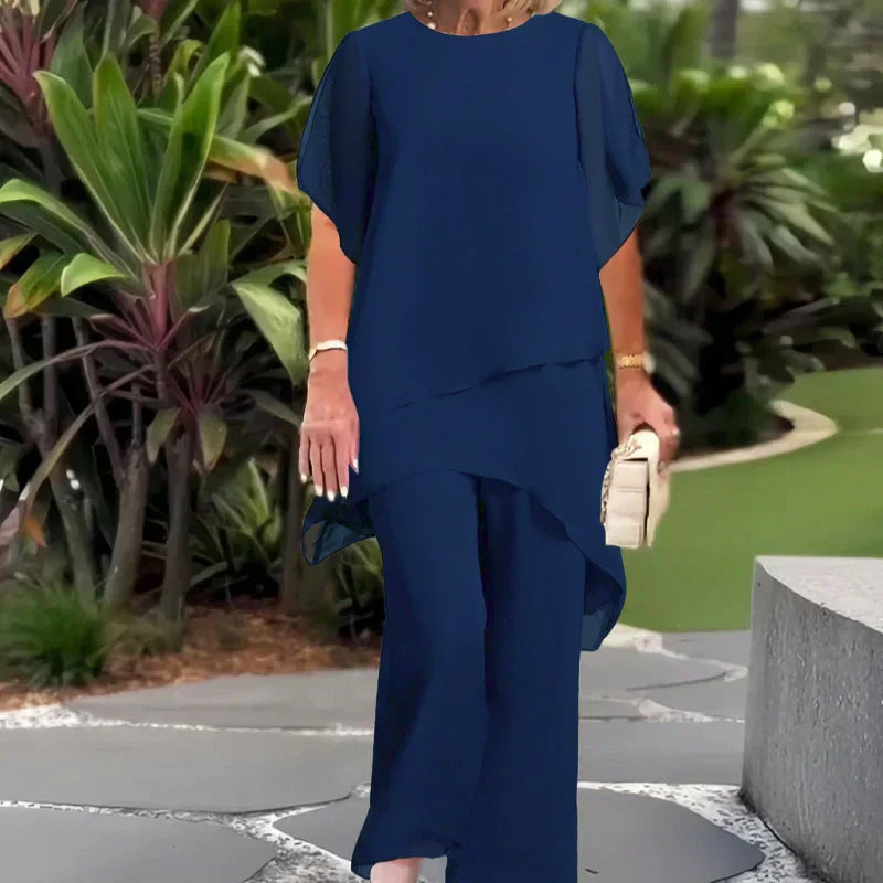 Conjunto Elegante Herlene de Duas Peças | Blusa em Camadas e Calça Pantalona
