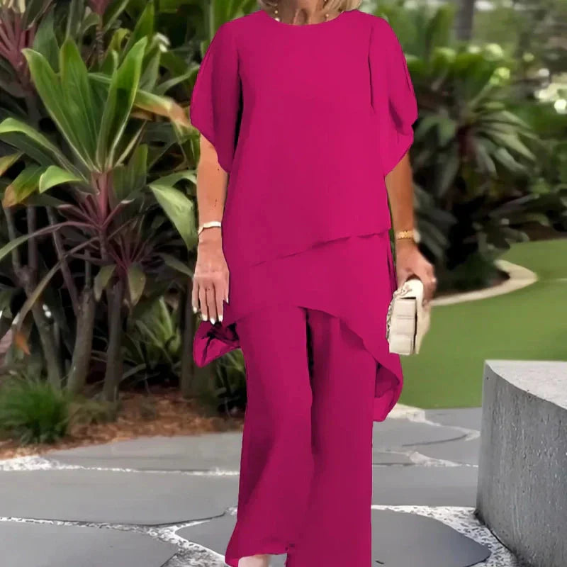 Conjunto Elegante Herlene de Duas Peças | Blusa em Camadas e Calça Pantalona